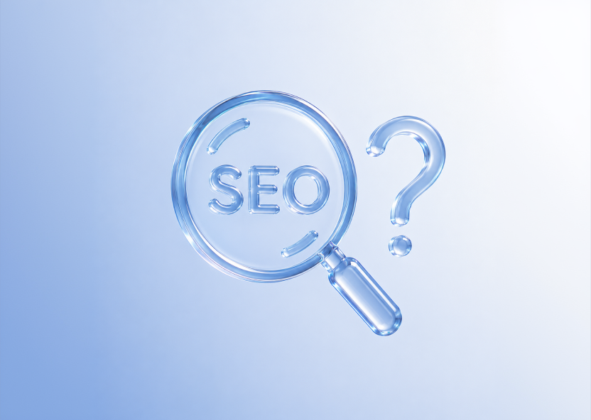 Glass magnifying glass with the word SEO inside it next to a question mark