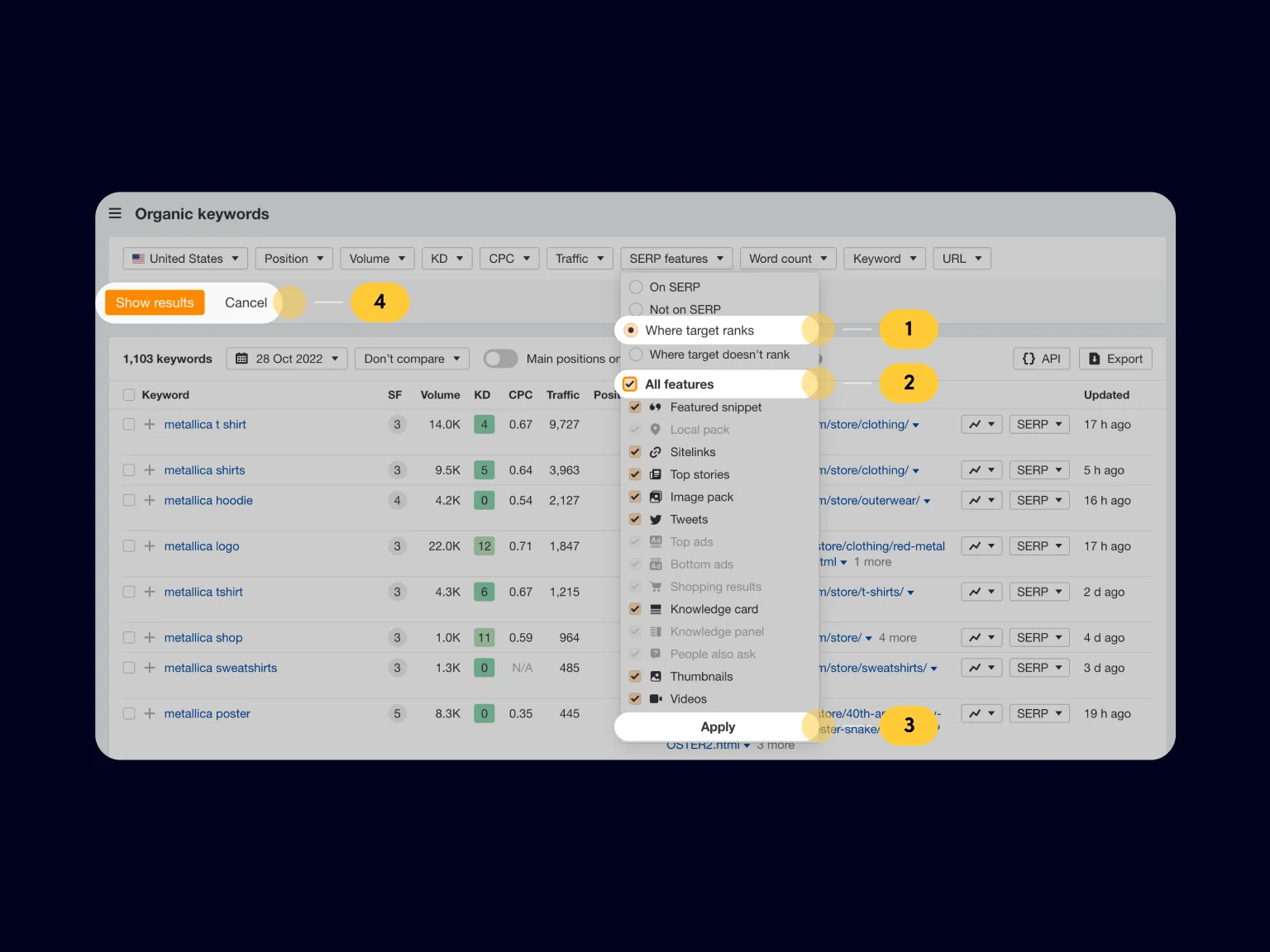 The SERP features filter in Ahrefs allows you to see featured snippets of a site