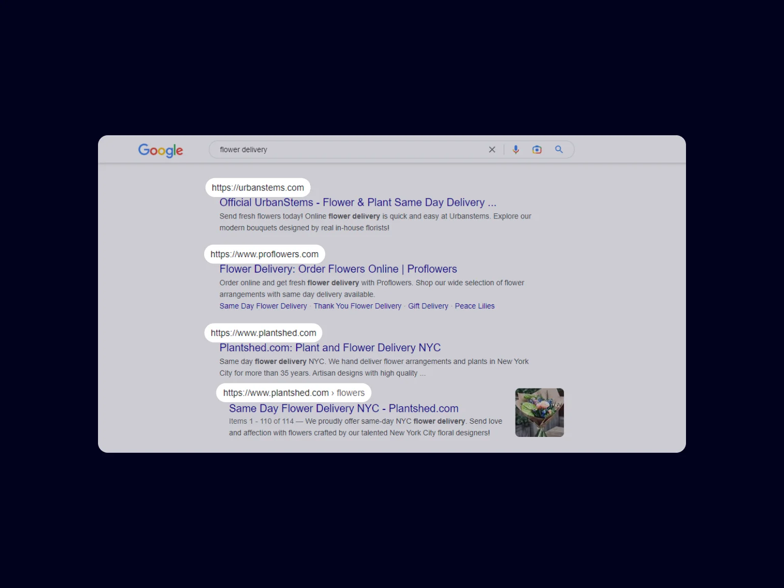 Competitors in Google search for “flower delivery”