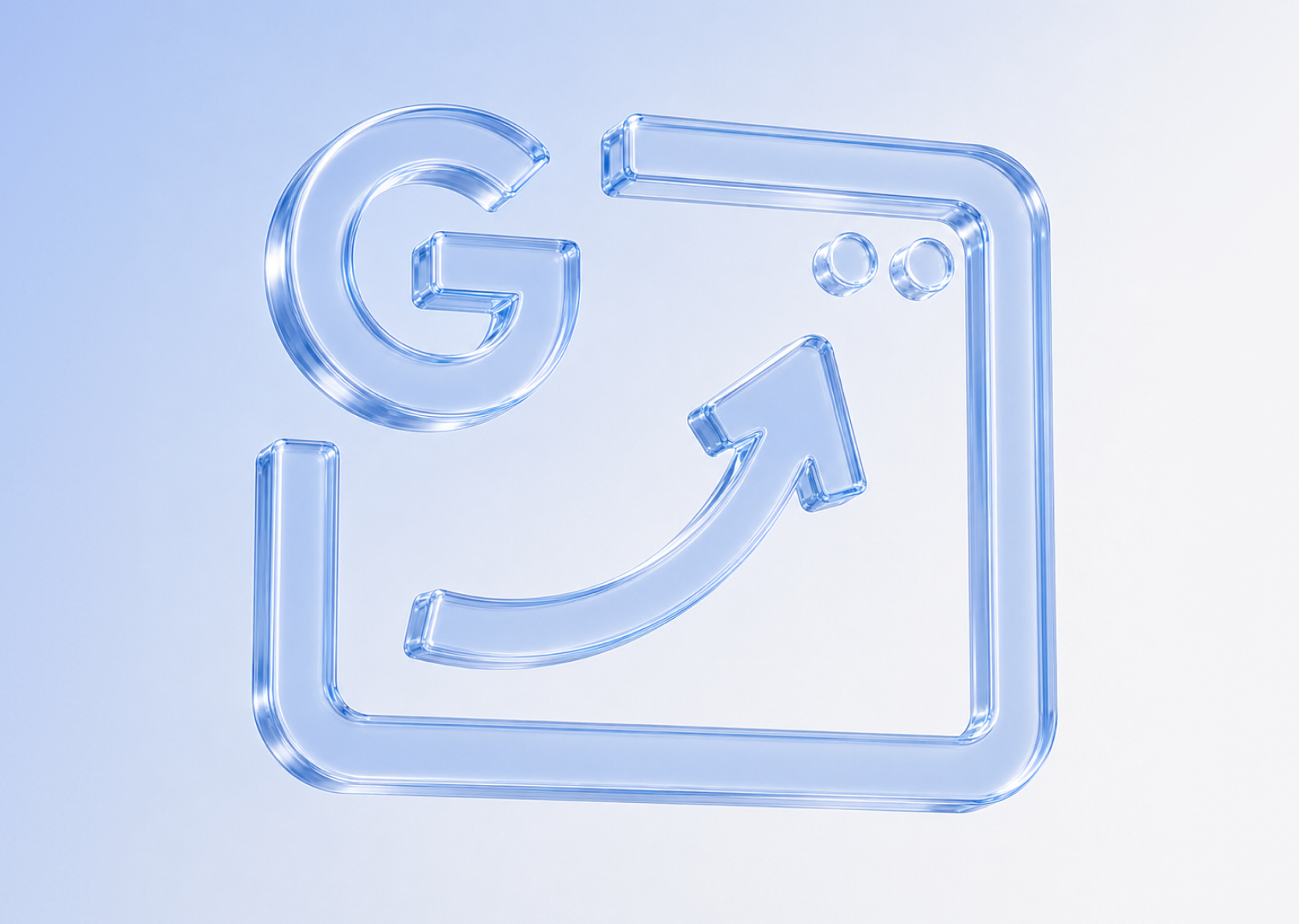 A glass Google icon beside a browser window with a rising arrow, representing growing search visibility