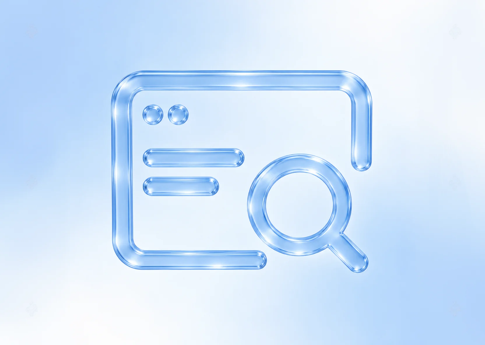 Glass 3D icon of a browser window with text lines and a magnifying glass, representing featured snippets in Google Search