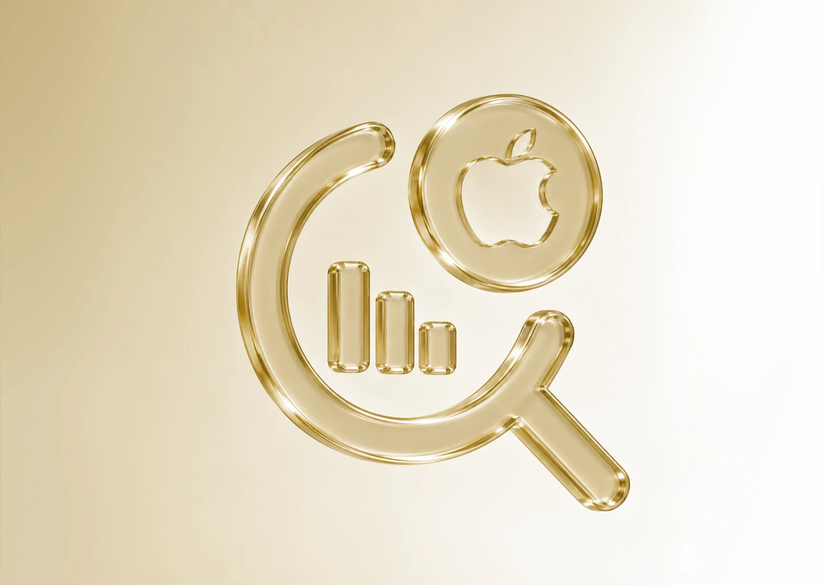 A golden magnifying glass with a bar chart and the Apple logo, standing for Apple Search Ads analytics