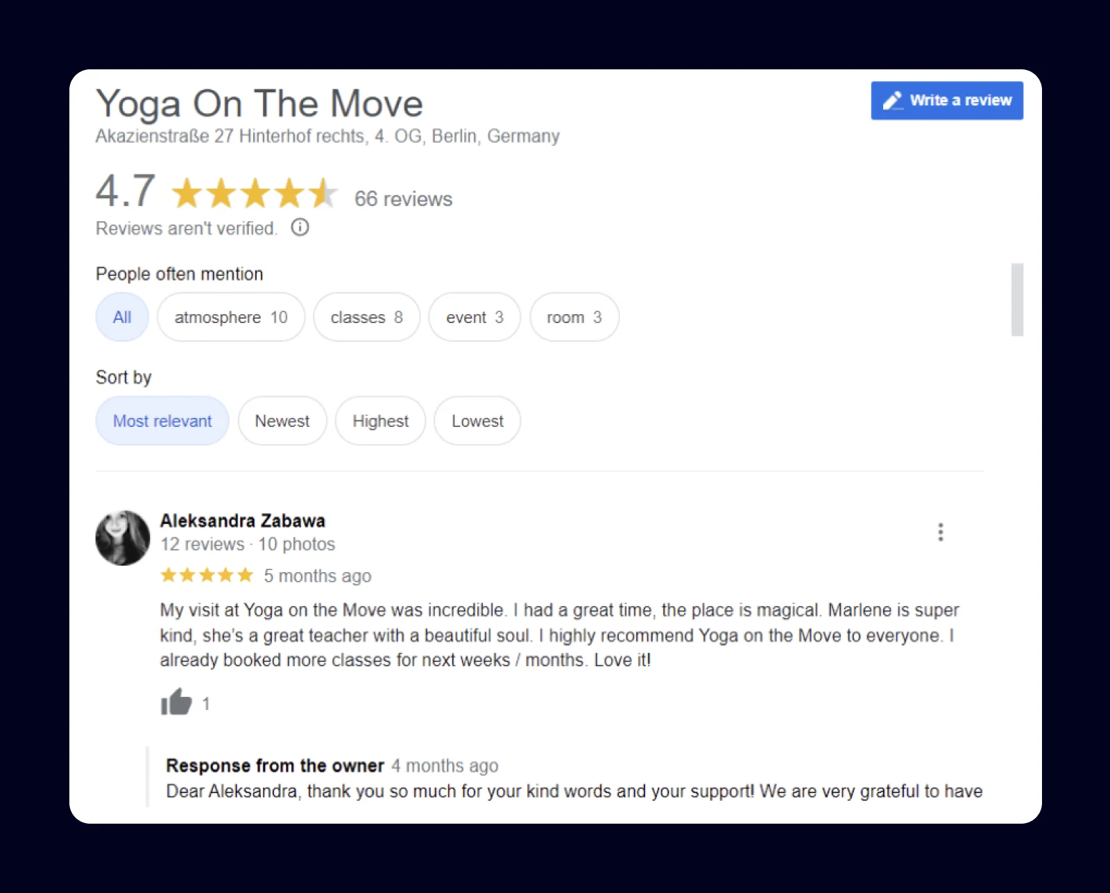 Google reviews for a yoga studio
