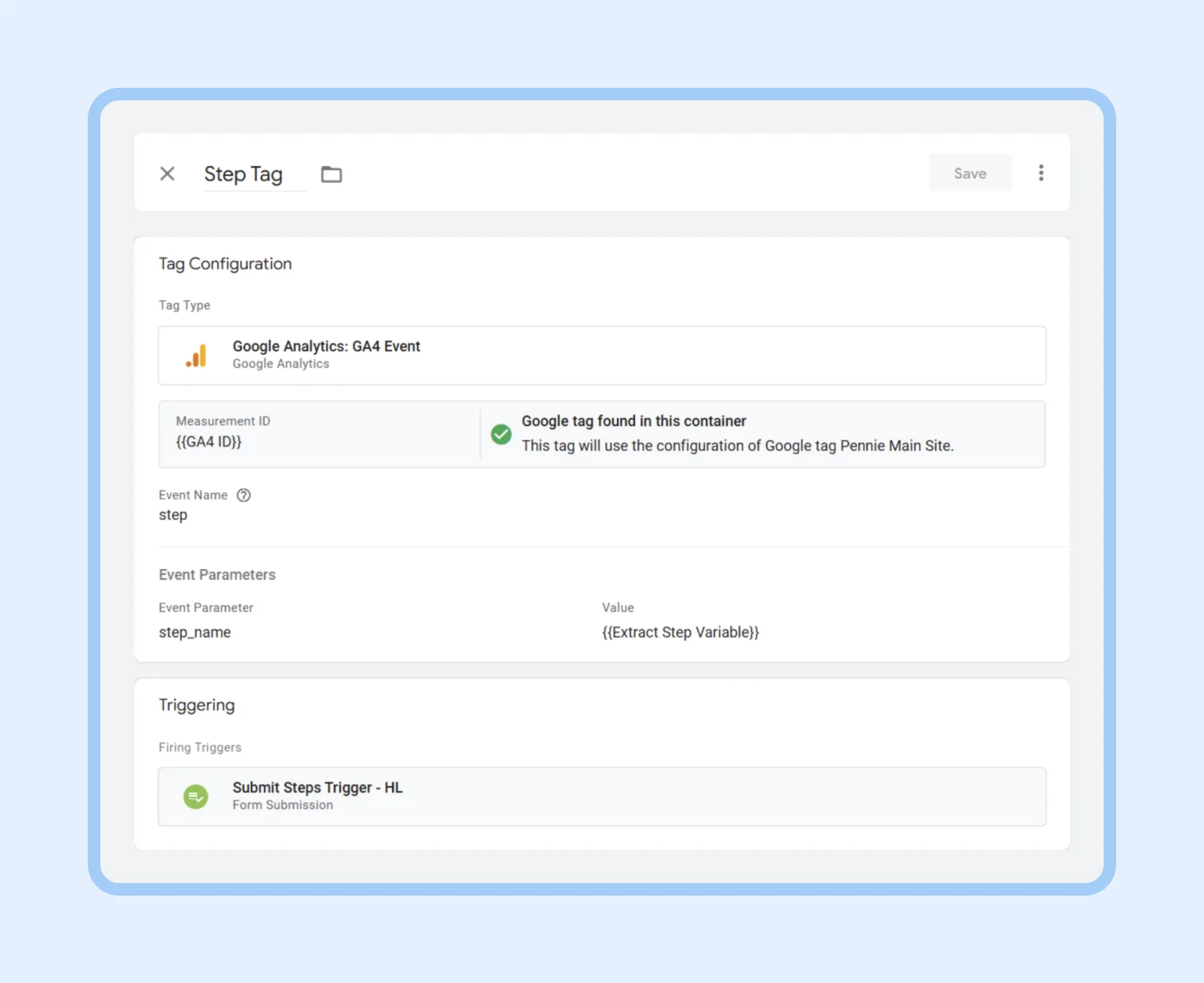 Configured GA4 event with dynamic step_name identifier