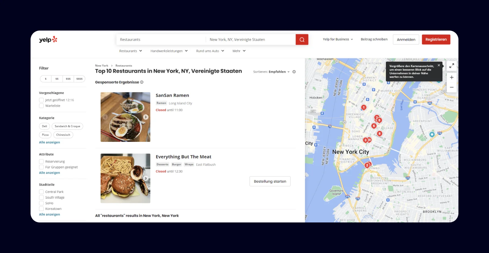 Screenshot of the Top 10 restaurants on Yelp