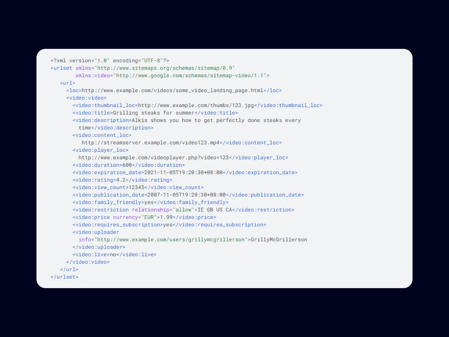 An example of a Sitemap file for one page and one video